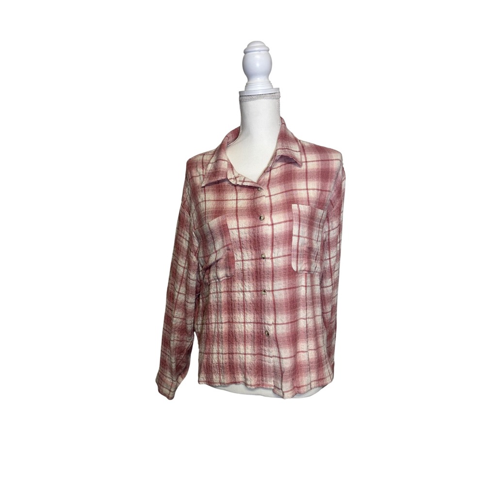 Lucky Brand Women's Pink and Cream Plaid Long Sleeve‎ Flannel Size M